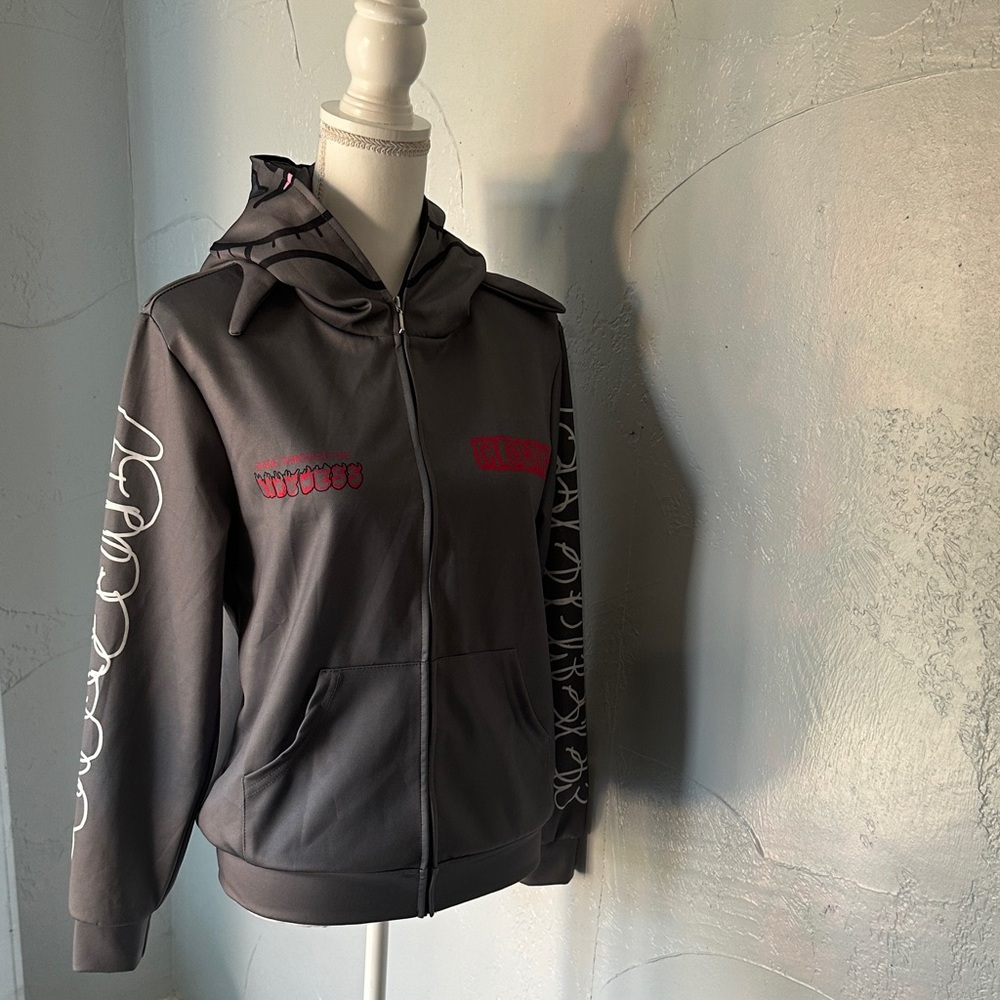 Glo Gang Inspired Full Zip Face Hoodie – Gray & Red Graphic - Picture 5 of 11